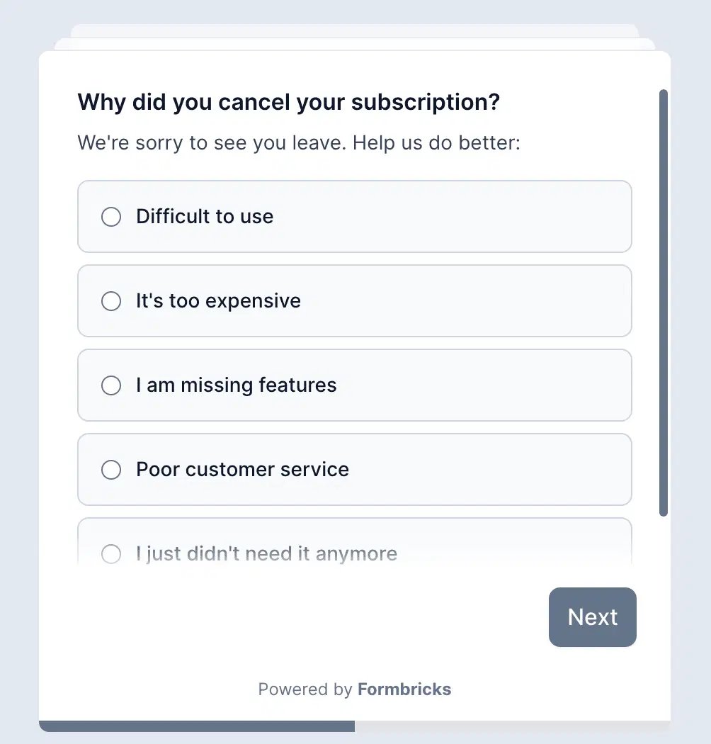 Churn reason survey example
