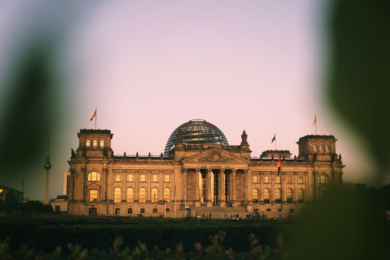 The Reichstag building in Berlin at sunset