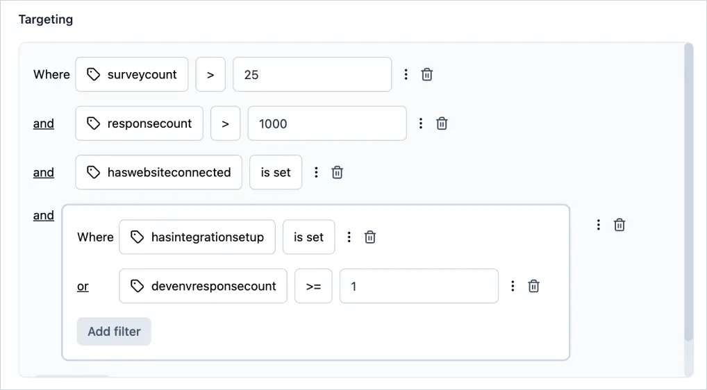 filtering settings for in app survey tool used for targeting users