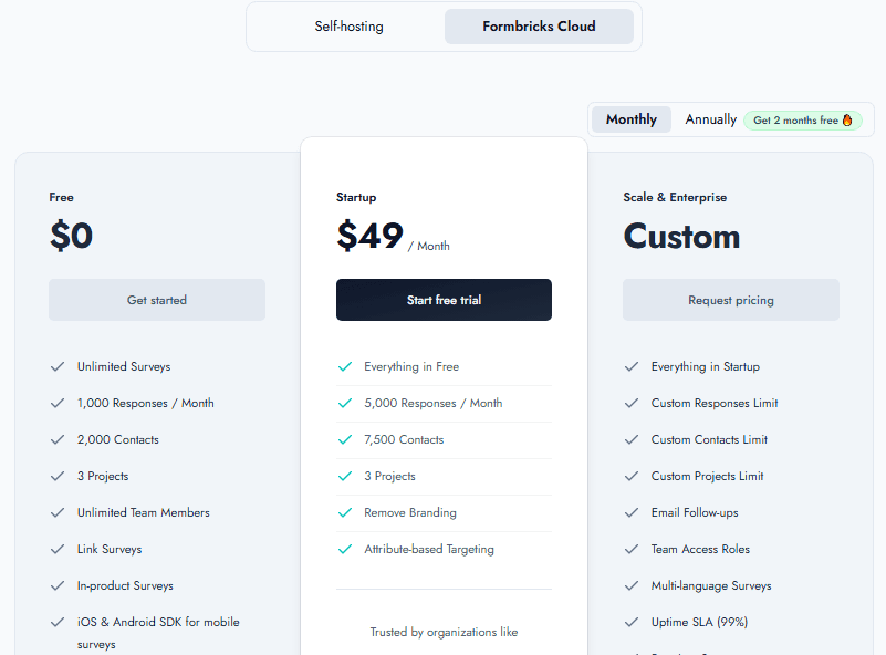 Formbricks transparent pricing options