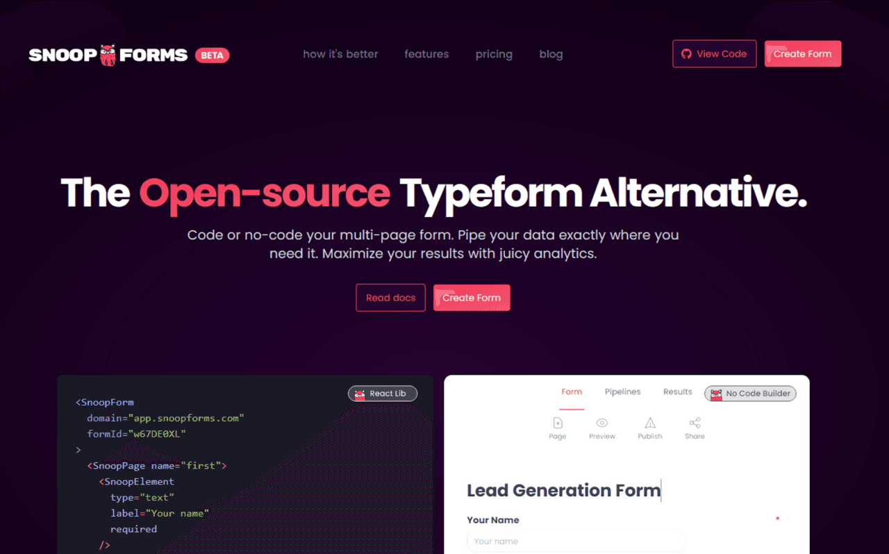 How it began - snoopforms landing page