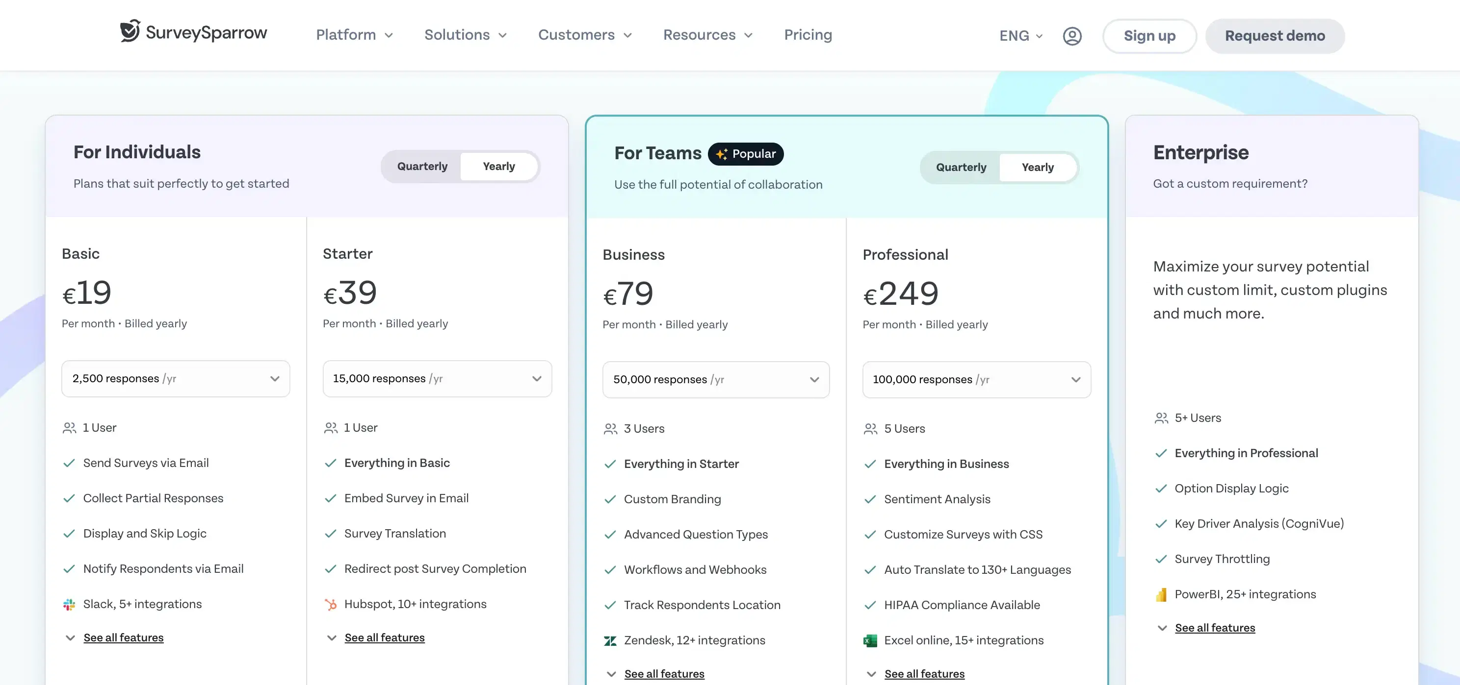 SurveySparrow pricing tiers and plans overview