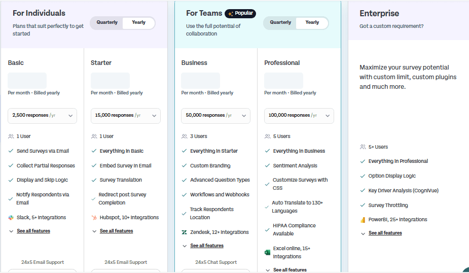 SurveySparrow quarterly pricing structure