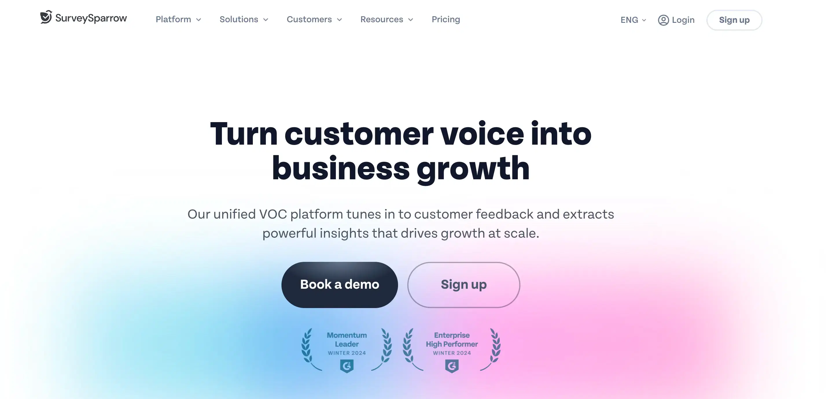 SurveySparrow platform homepage and features overview