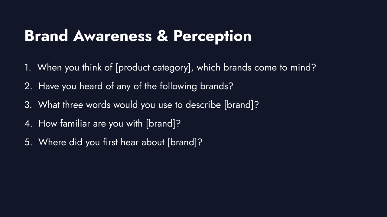 Brand survey questions covering awareness, perception, trust, and loyalty