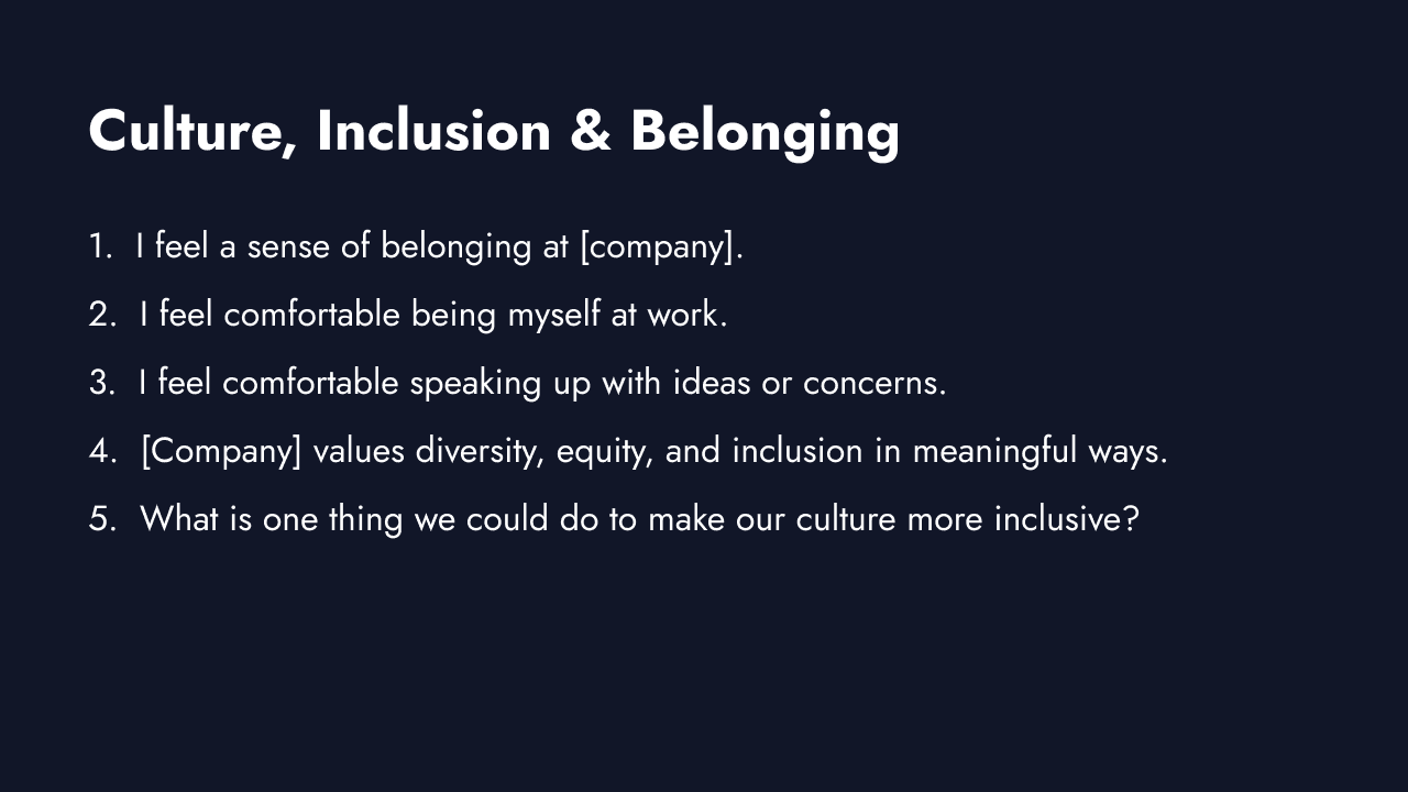 Diversity and inclusion survey questions covering belonging, fairness, and culture
