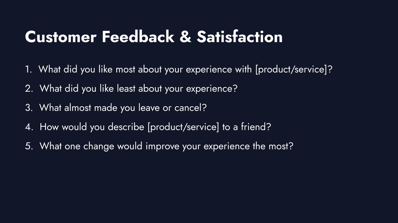 Customer satisfaction survey questions covering CSAT, NPS, and CES