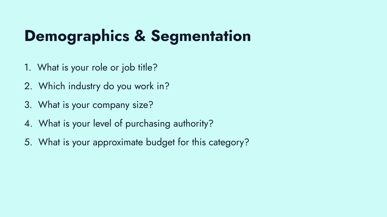 Demographic survey questions covering age, gender, income, location, and more