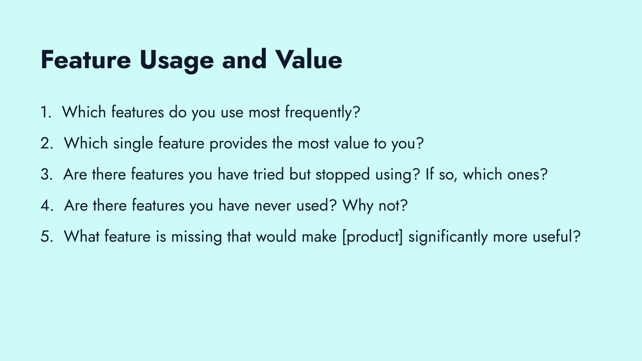 Feature usage and value survey questions