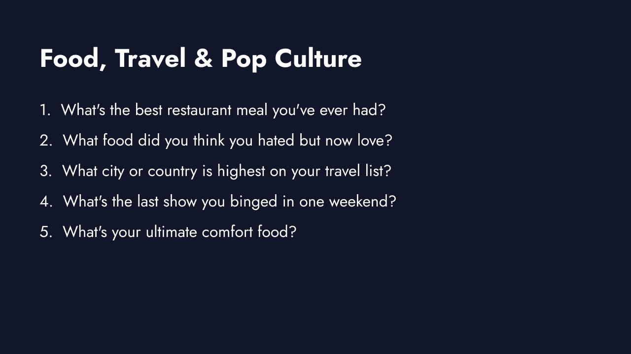 Food, travel, and pop culture fun survey questions