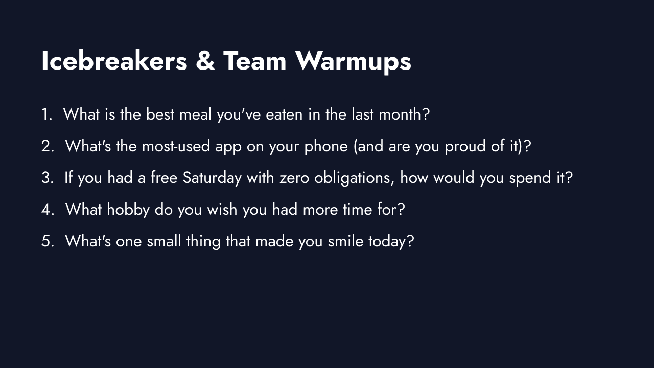 Icebreaker fun survey questions for team meetings