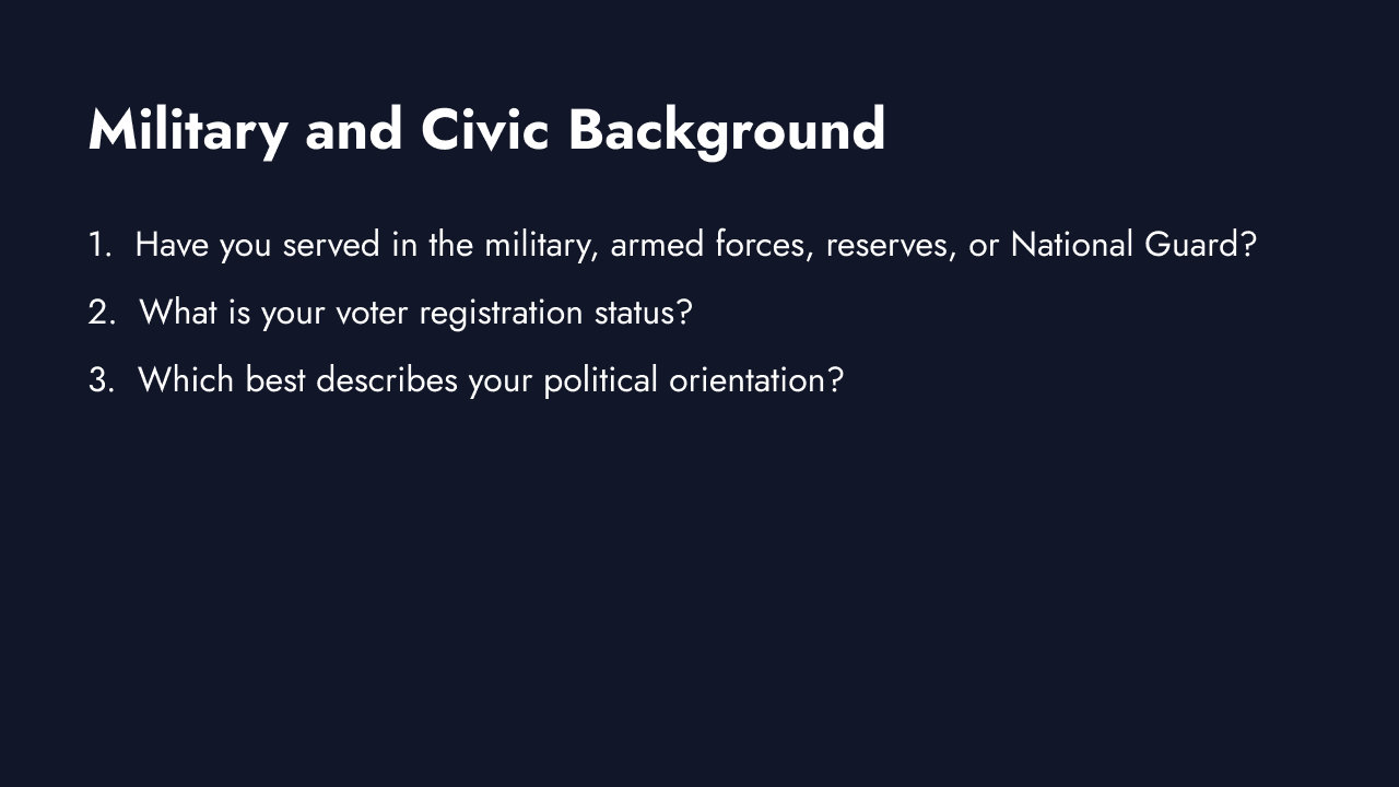 Military and civic background demographic questions