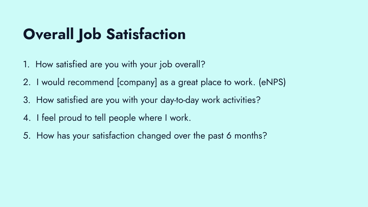 Employee satisfaction survey questions across compensation, culture, and wellbeing