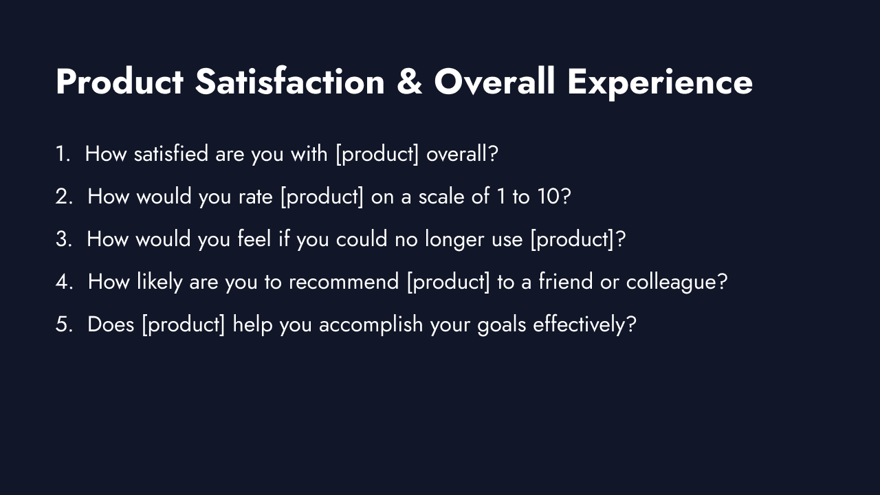 Product survey questions across satisfaction, usability, and pricing