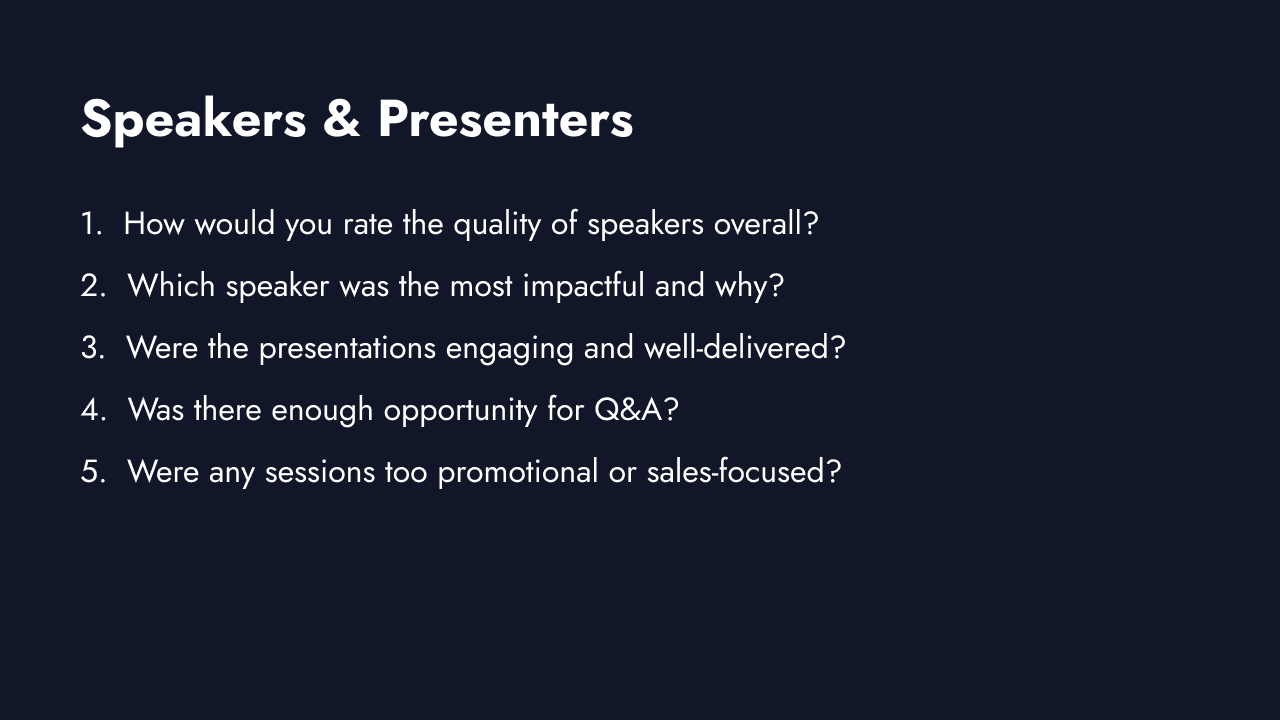 Speakers and presenters feedback questions