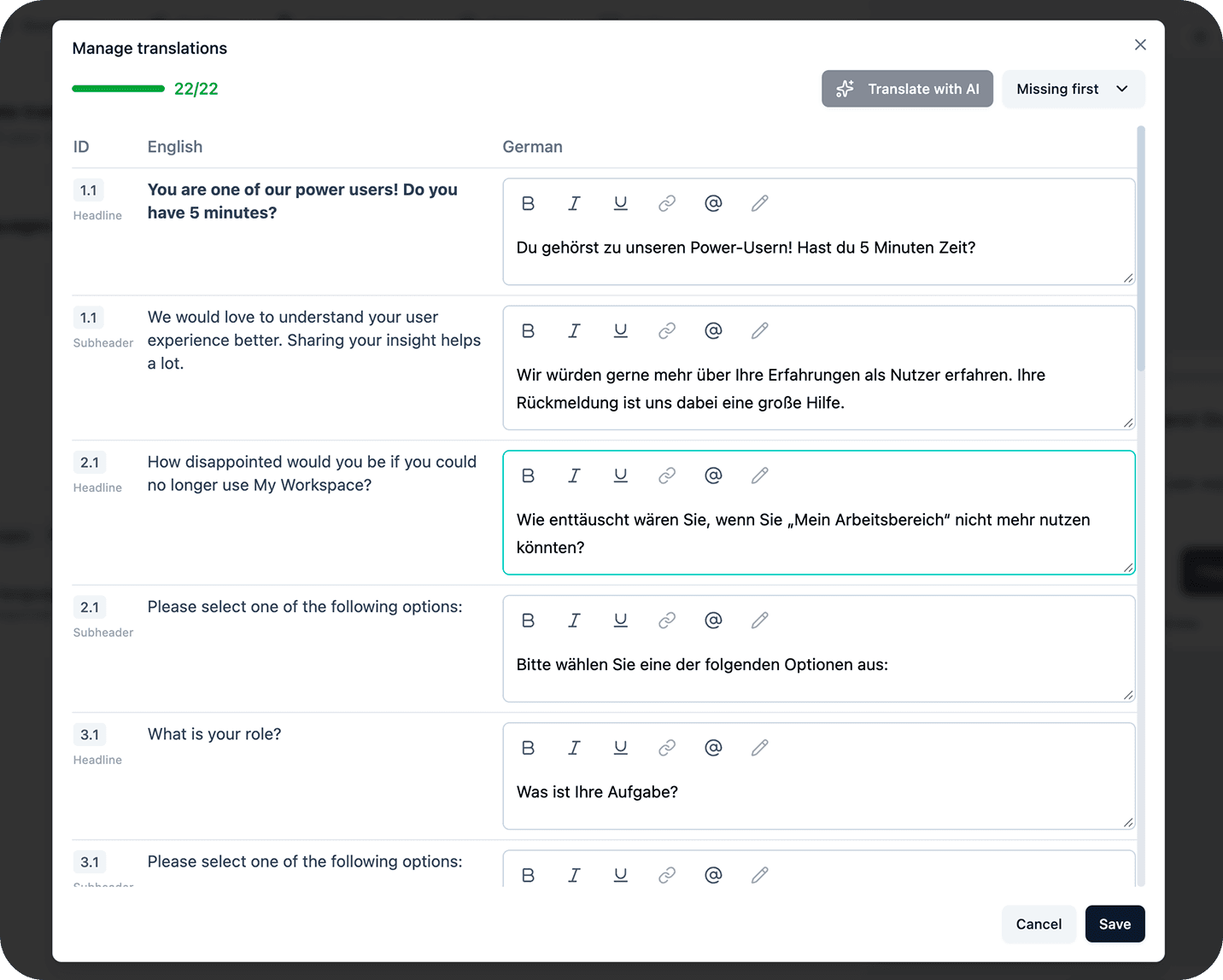 AI translating a survey into multiple languages with one click
