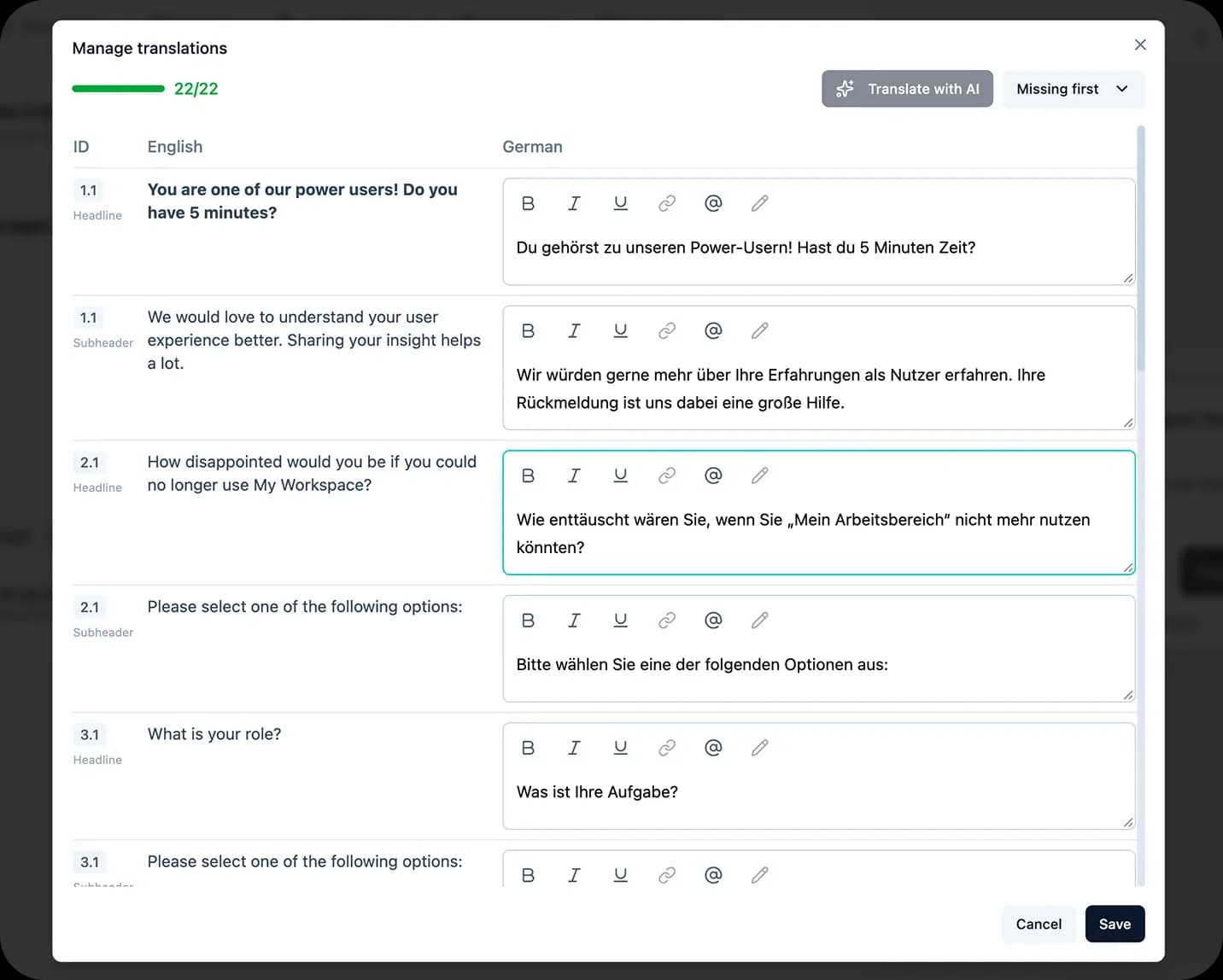 AI translating a survey into multiple languages with one click