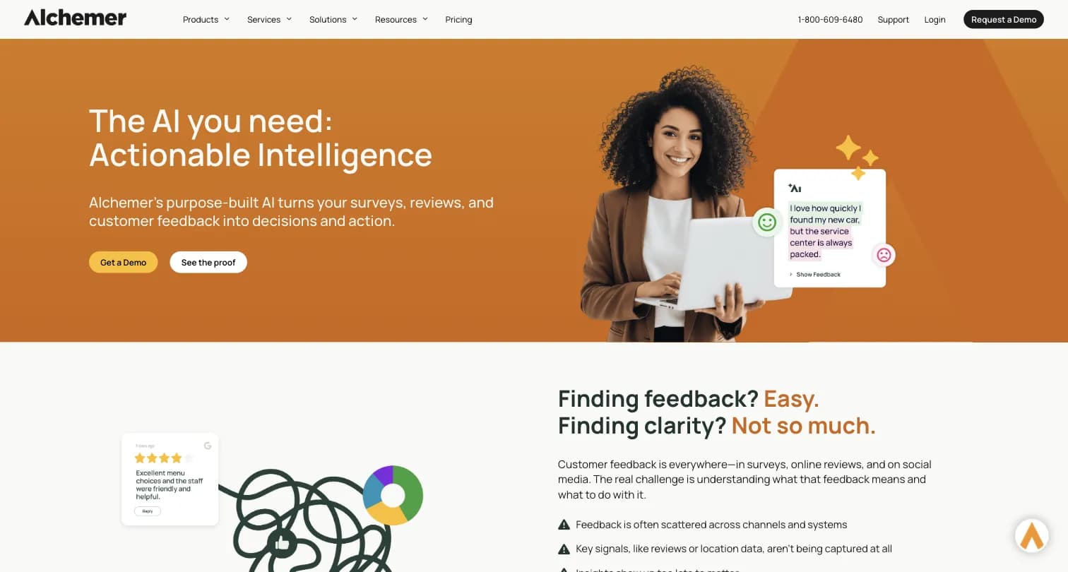 Alchemer homepage positioning itself around AI-powered actionable intelligence