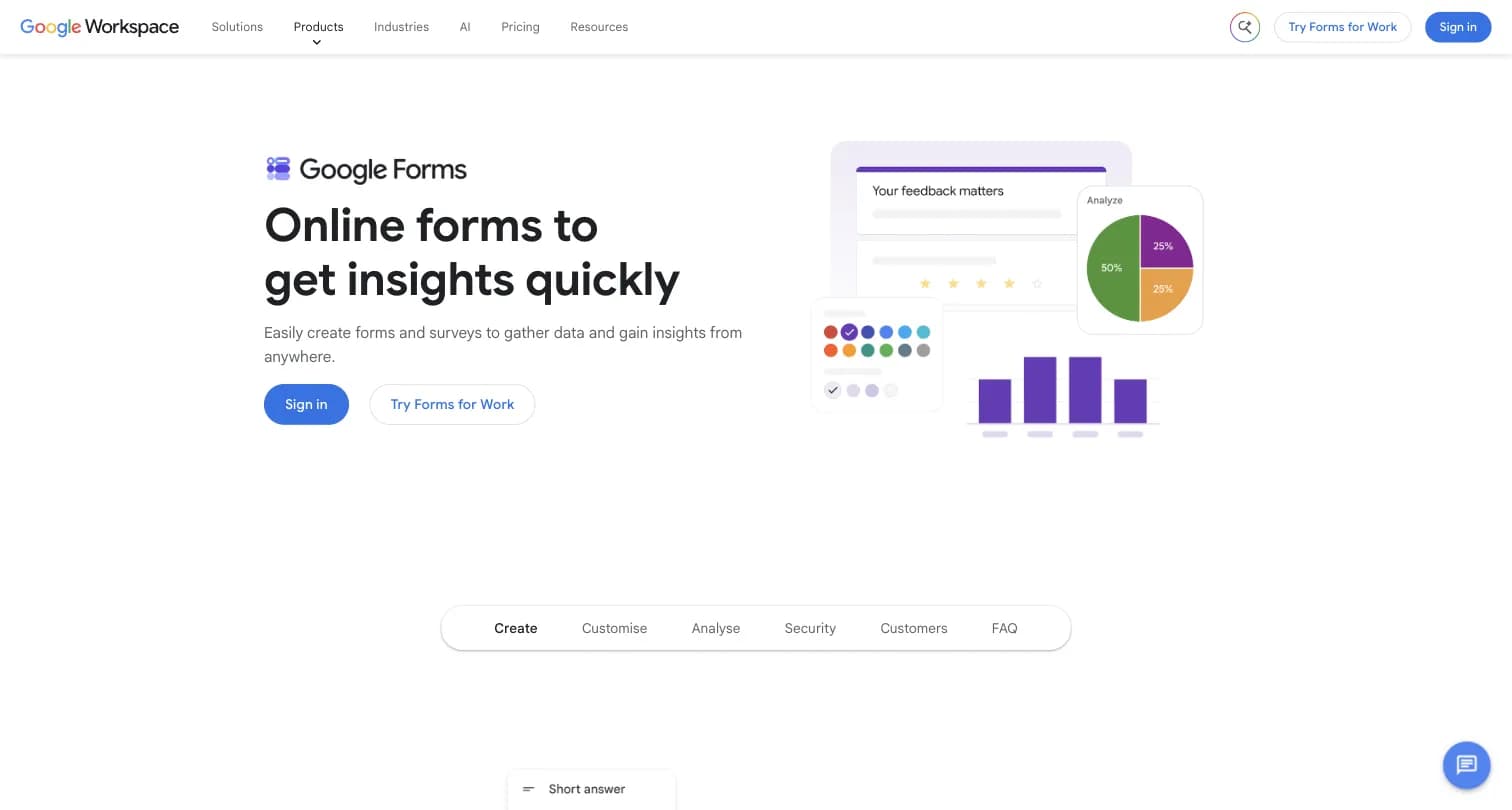 Google Forms product page