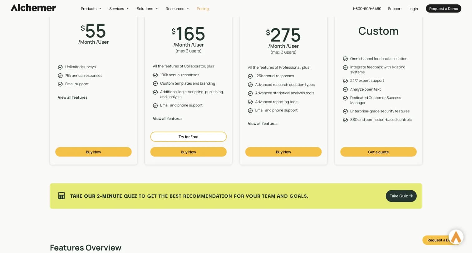 Alchemer pricing page showing Collaborator, Professional, Full Access, and Platform Plans