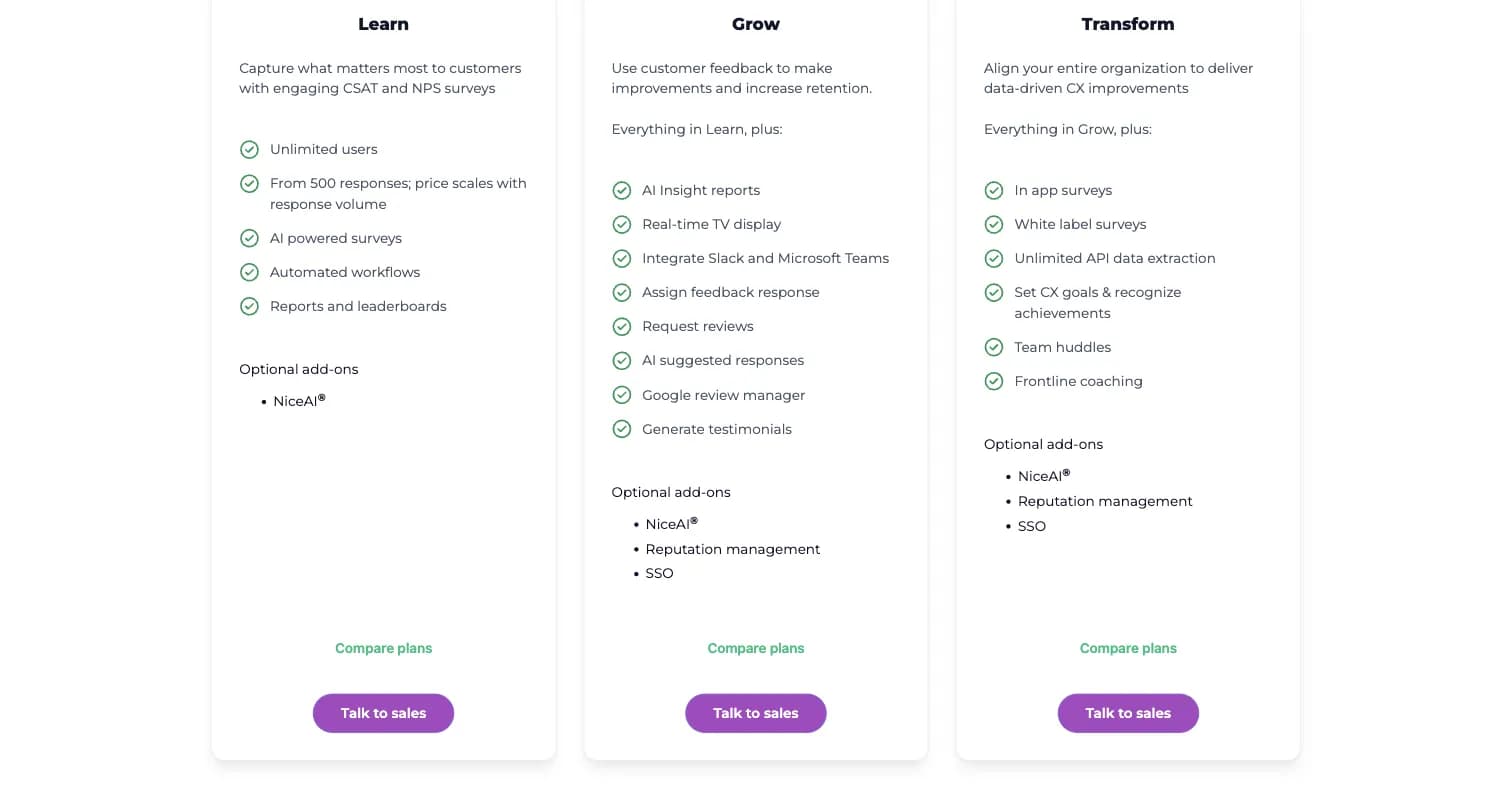 AskNicely pricing page showing Learn, Grow, and Transform plans with no dollar figures, only Talk to Sales buttons