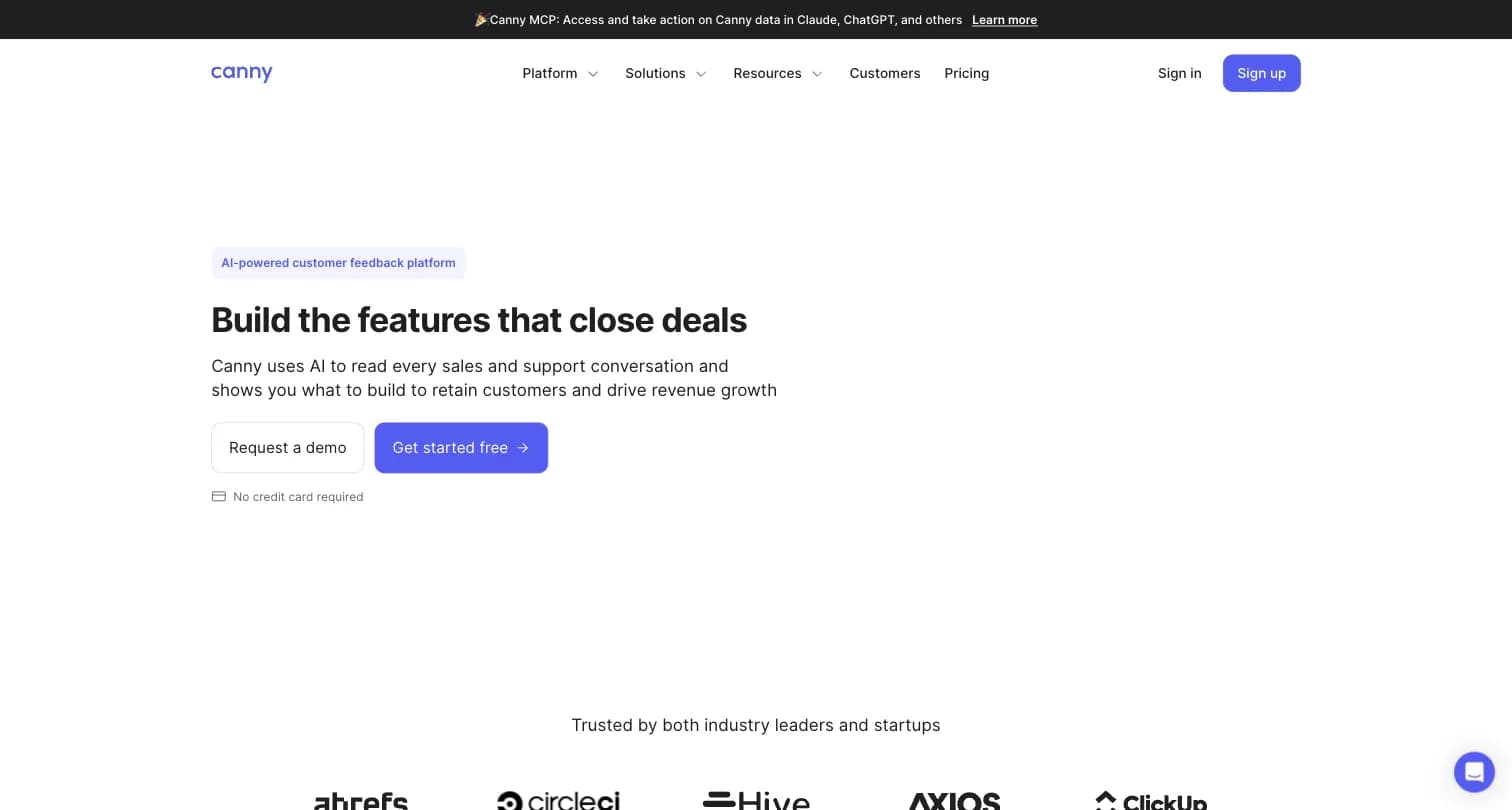 Canny homepage, an AI-powered customer feedback and feature-request platform