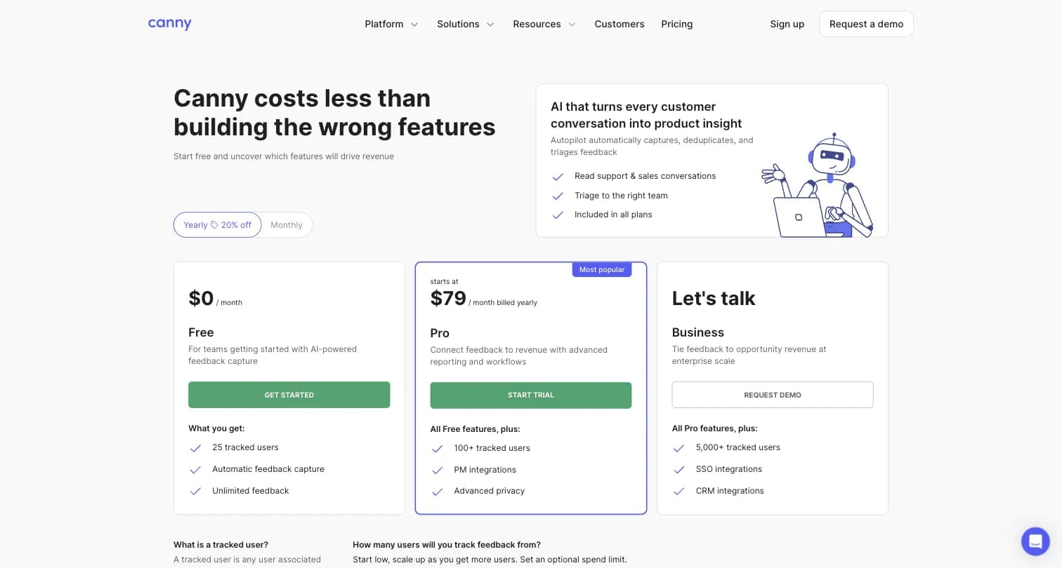 Canny pricing page showing Free, Pro, and Business tiers billed by tracked users