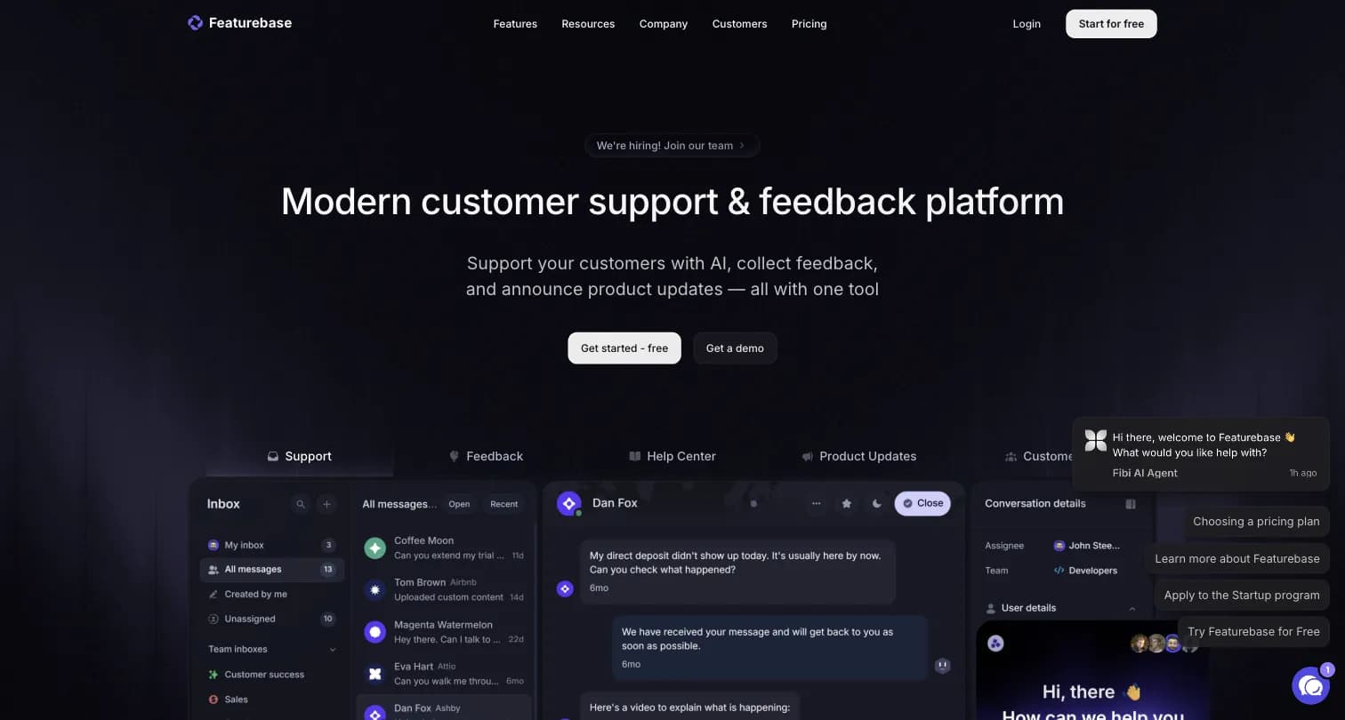 Featurebase homepage, a modern customer support and product feedback suite
