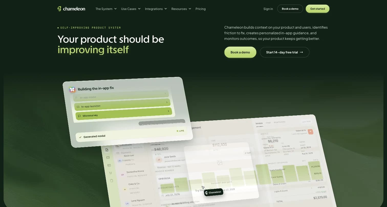 Chameleon homepage: AI-first product adoption platform for in-app guidance