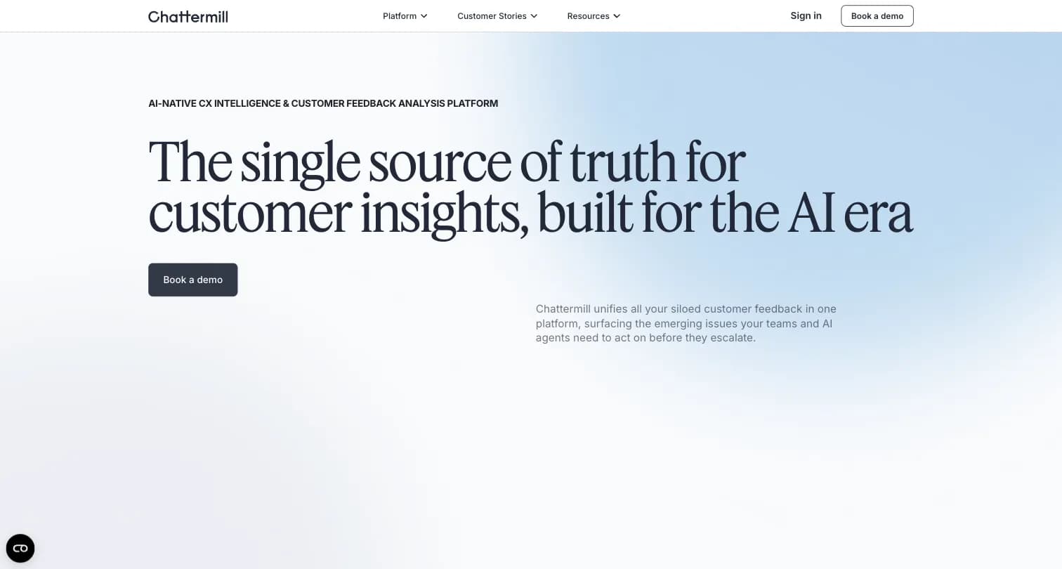 Chattermill homepage, an AI-native CX intelligence platform with no public pricing page