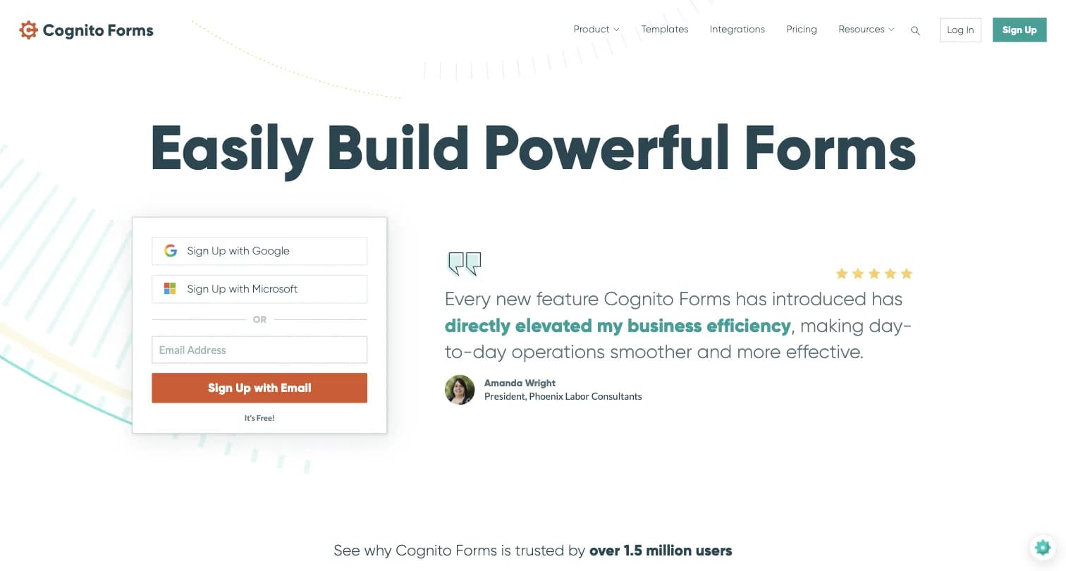 Cognito Forms homepage showing the online form builder for workflow automation