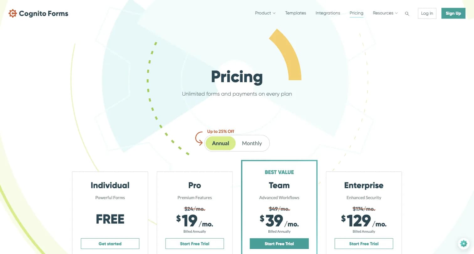 Cognito Forms pricing page showing Individual, Pro, Team, and Enterprise plan tiers