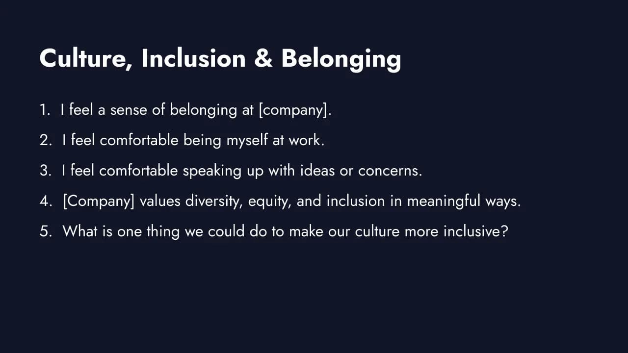 Diversity and inclusion survey questions covering belonging, fairness, and culture