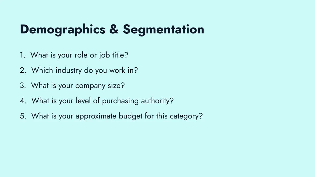 Demographic survey questions covering age, gender, income, location, and more