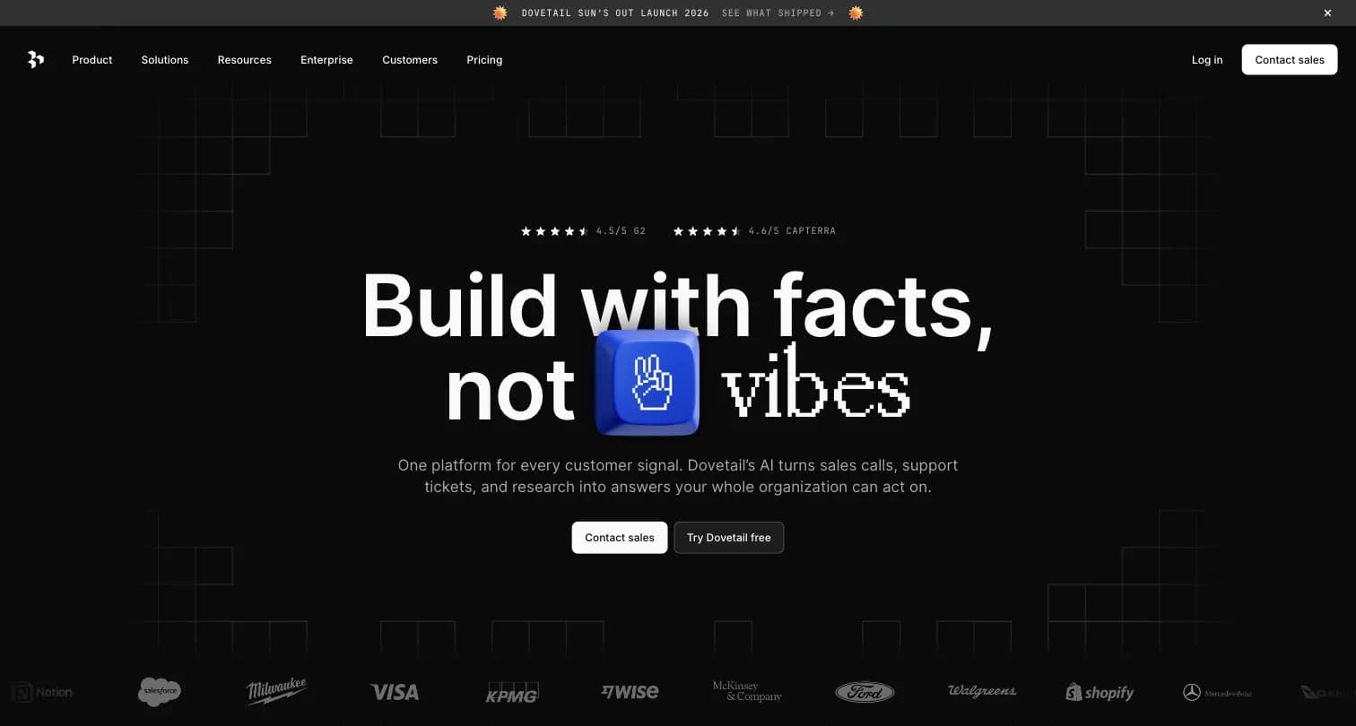 Dovetail customer intelligence platform homepage