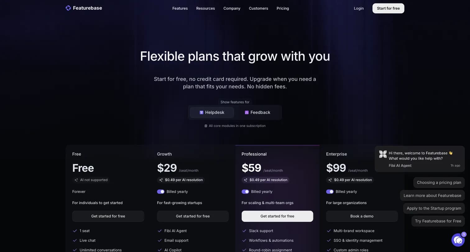 Featurebase pricing page showing Free, Growth, Professional, and Enterprise tiers billed per seat, with AI resolution pricing noted under each paid plan