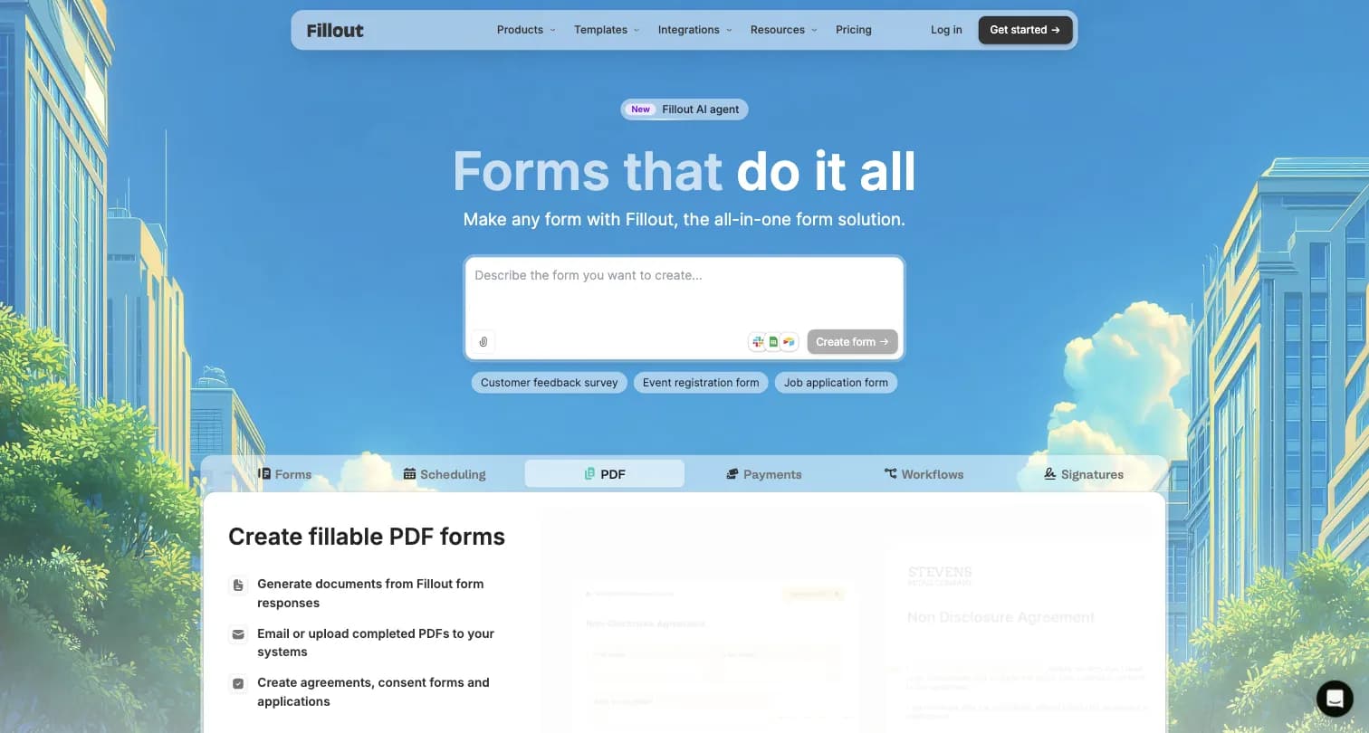 Fillout homepage showing the form, survey, and quiz builder