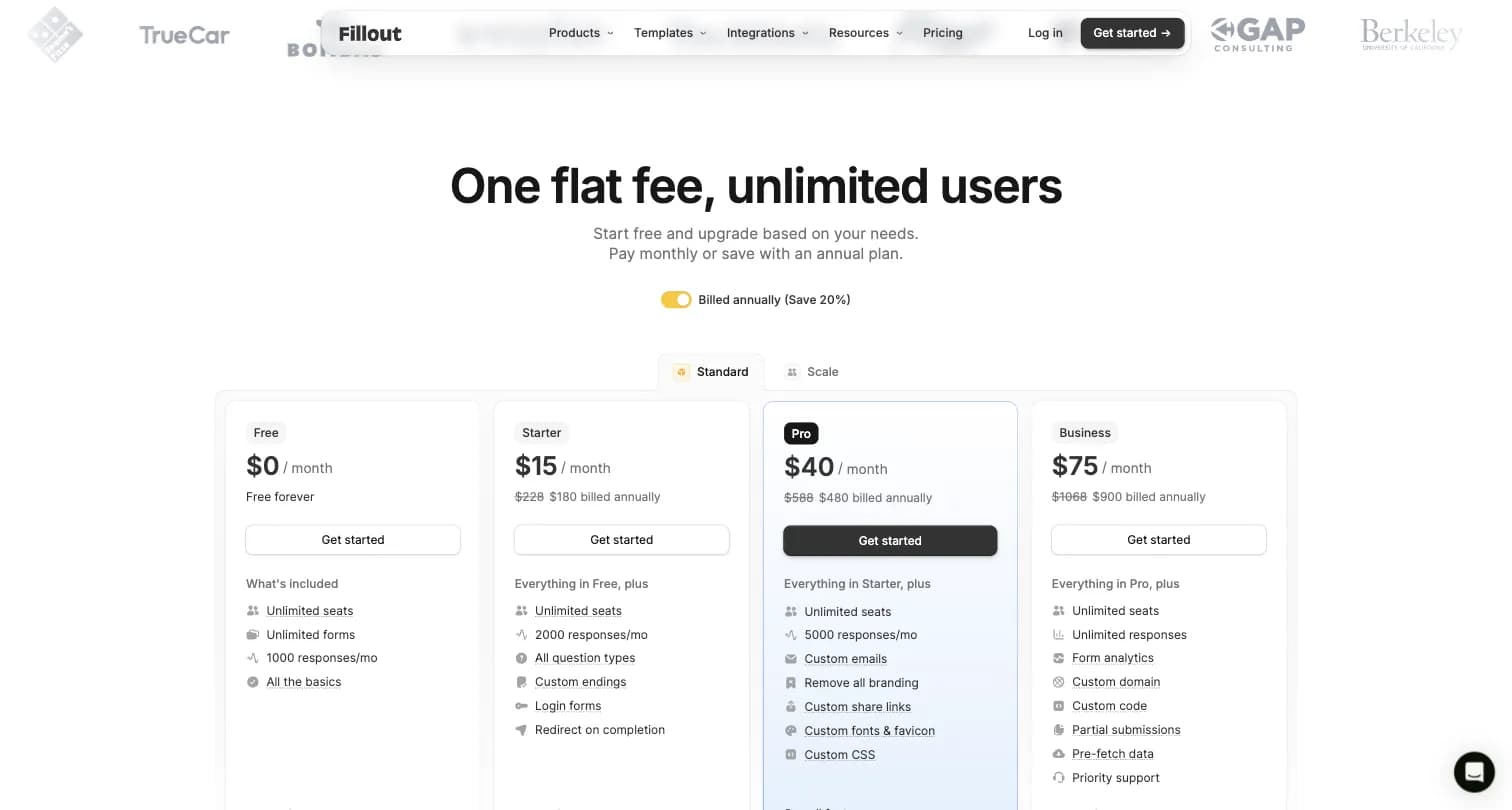 Fillout pricing page showing Free, Starter, Pro, and Business plan cards with monthly and annual billing