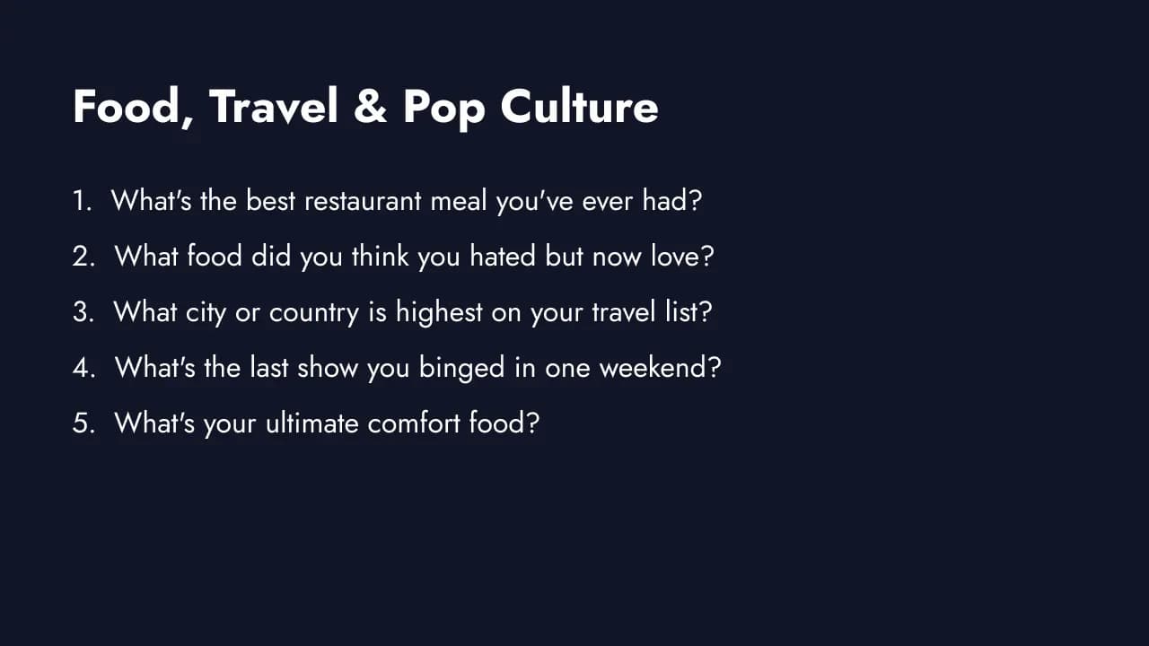 Food, travel, and pop culture fun survey questions