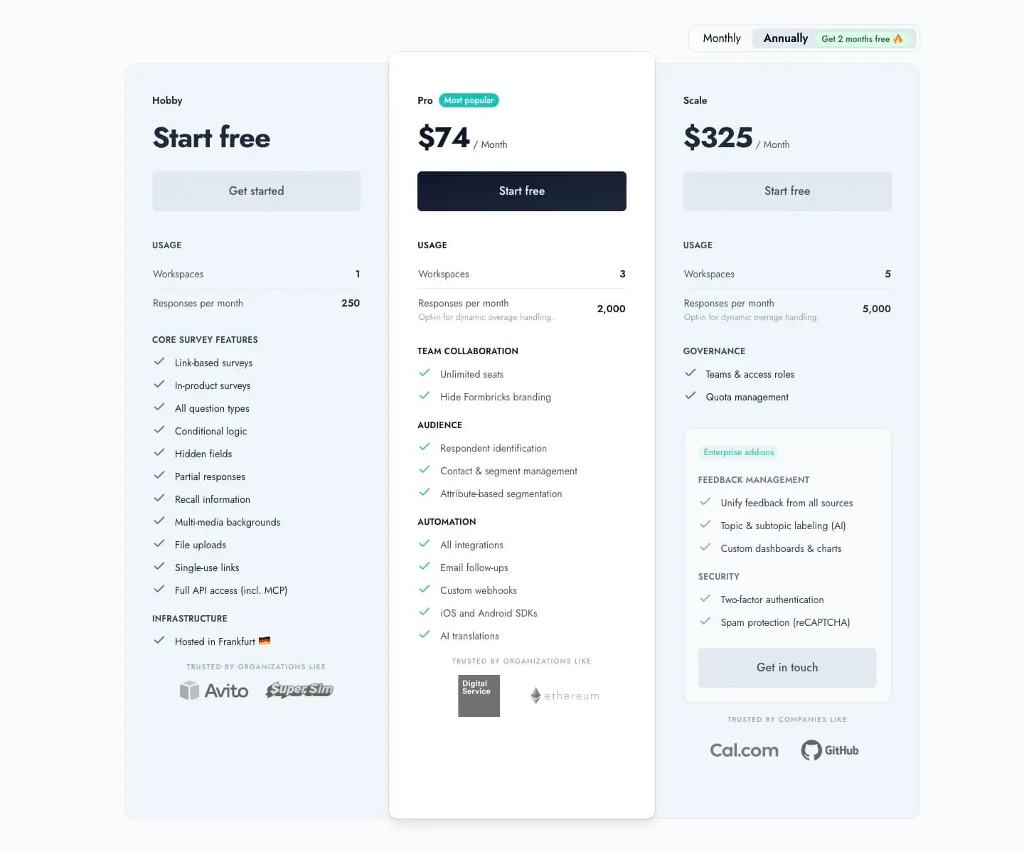 Formbricks pricing page showing Hobby, Pro, and Scale tiers