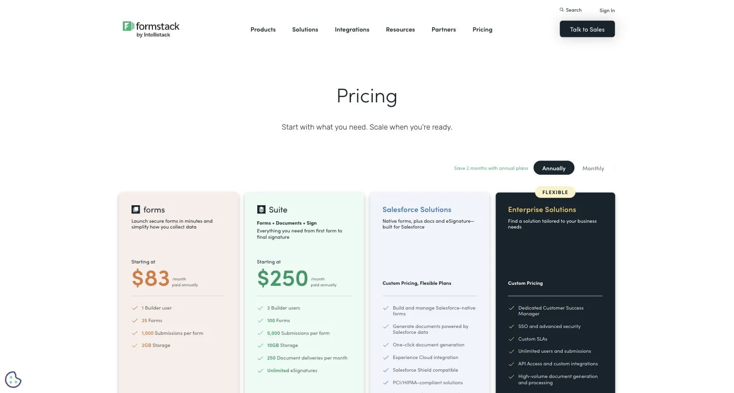 Formstack pricing page showing Forms, Suite, Salesforce Solutions, and Enterprise Solutions tiers