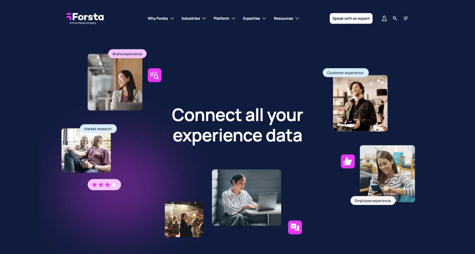 Forsta homepage showing its 'Speak with an expert' call-to-action and the Qualtrics acquisition banner, with no pricing link anywhere in the navigation