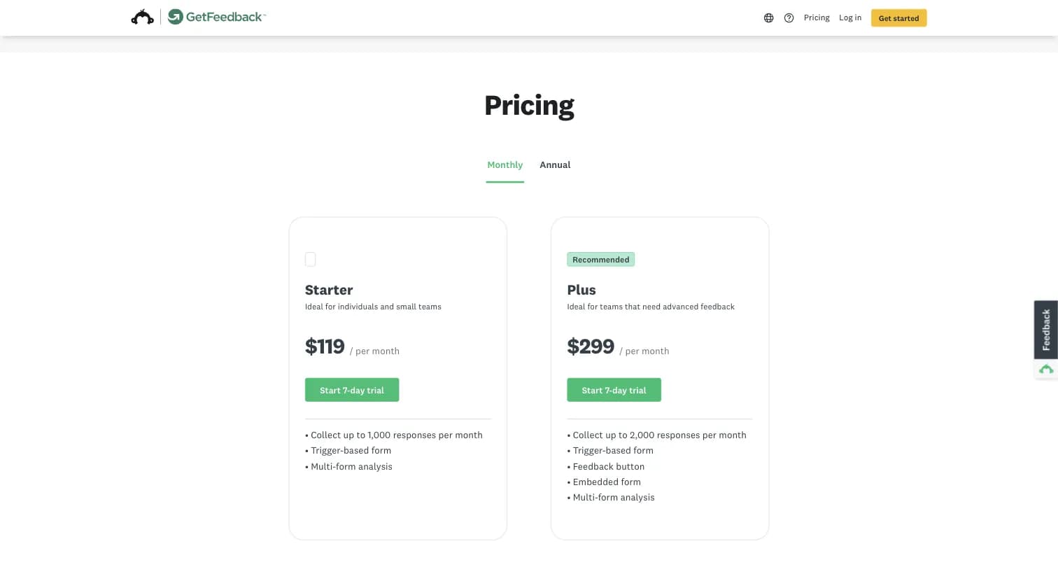GetFeedback pricing page showing Starter and Plus tiers, captured August 2026
