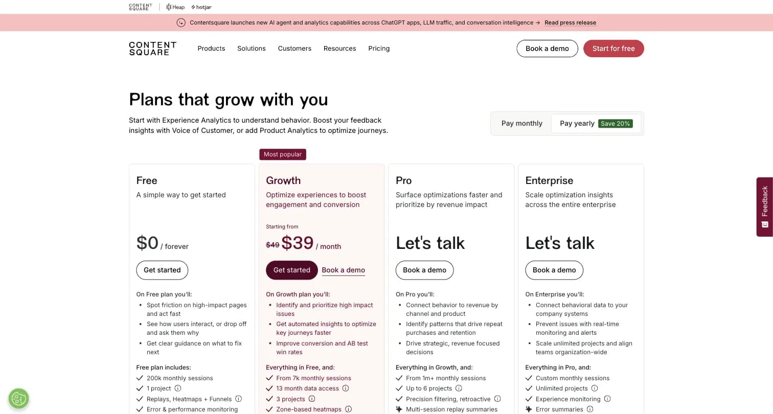 Hotjar pricing page showing Free, Growth, Pro, and Enterprise tiers under the Contentsquare merger
