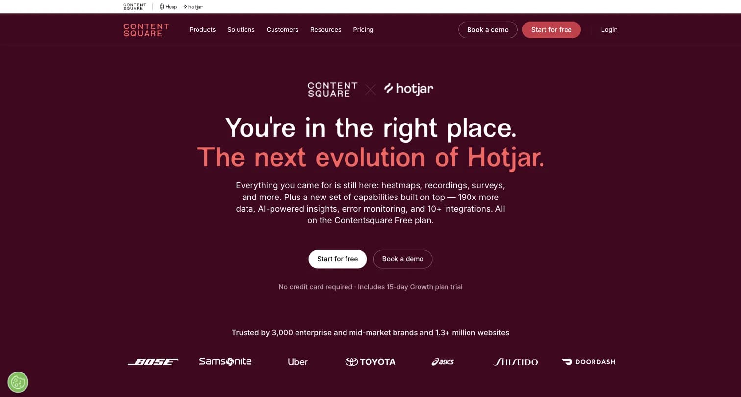 Hotjar by Contentsquare homepage showing heatmaps, session replay, and survey features