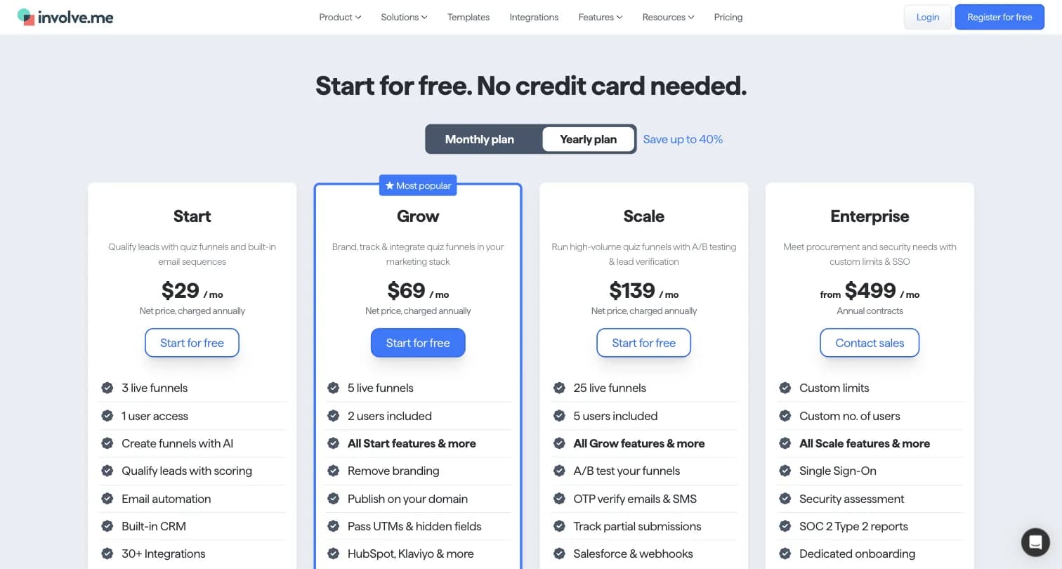 involve.me pricing page showing Free, Start, Grow, Scale, and Enterprise plans