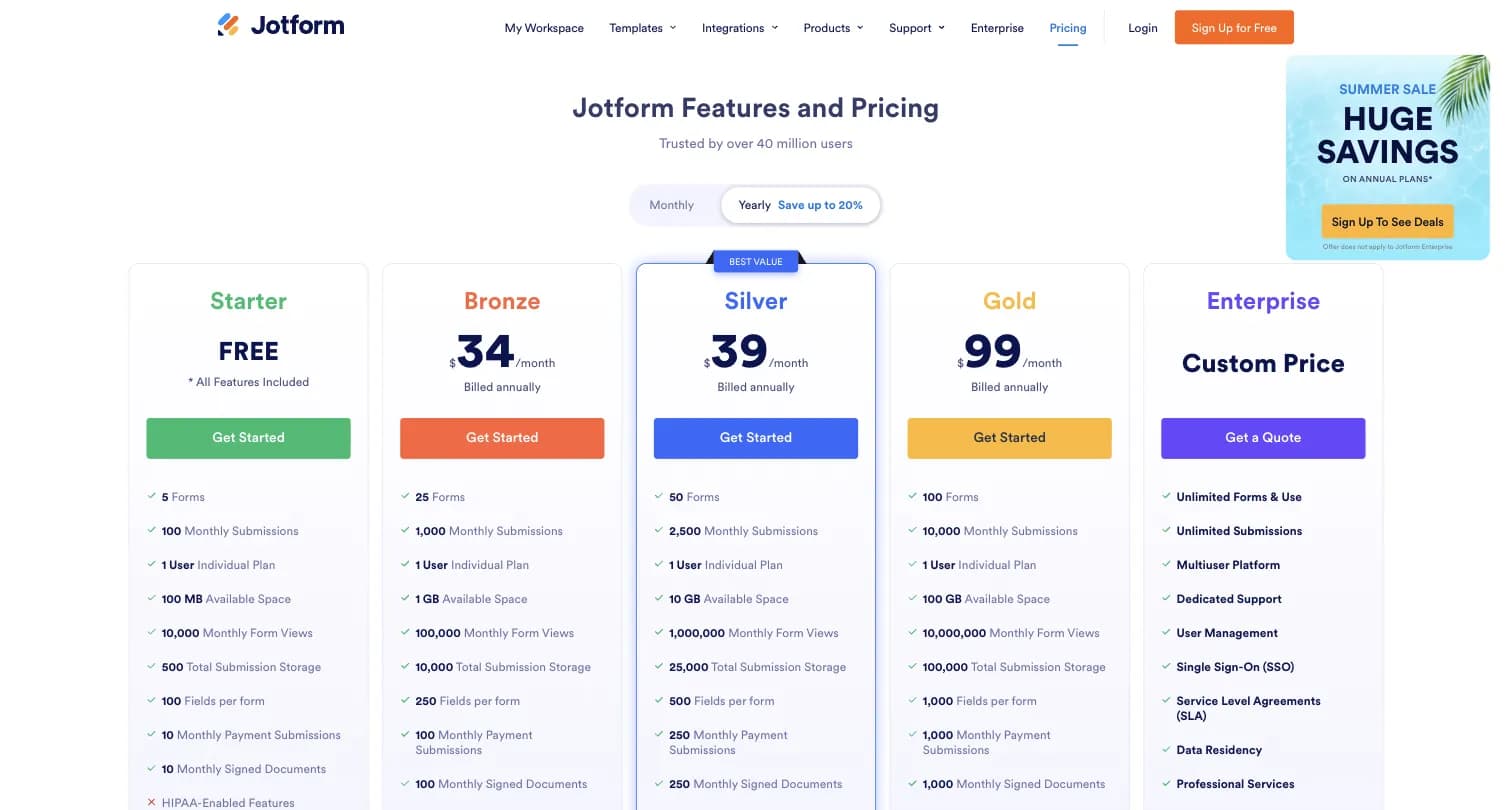 Jotform pricing page showing Starter, Bronze, Silver, Gold, and Enterprise plan tiers