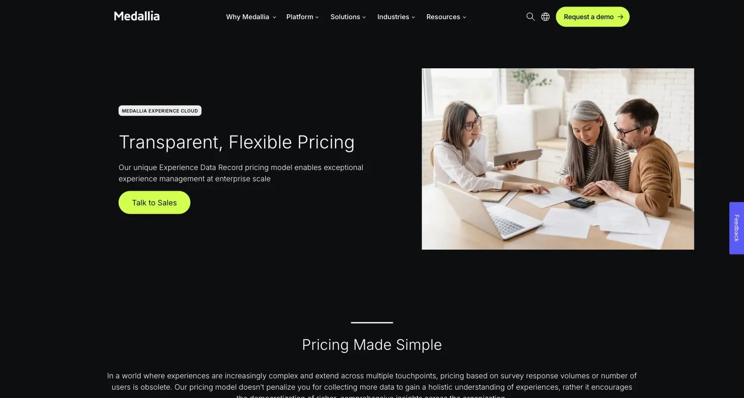 Medallia pricing page describing the Experience Data Record (EDR) model with no published dollar figures, only a Talk to Sales form