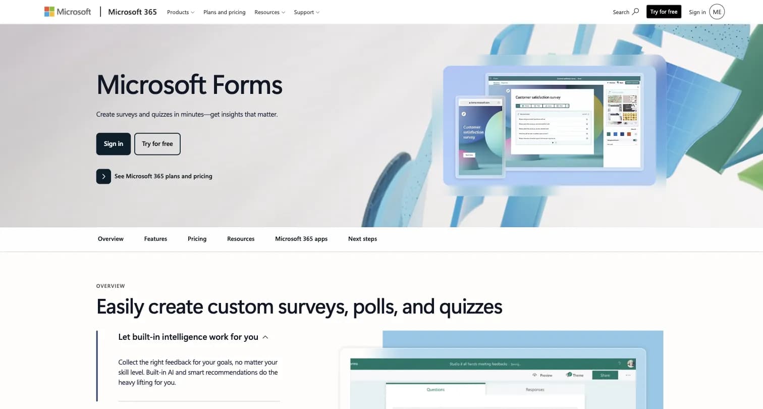 Microsoft Forms homepage showing the free survey, poll, and quiz builder
