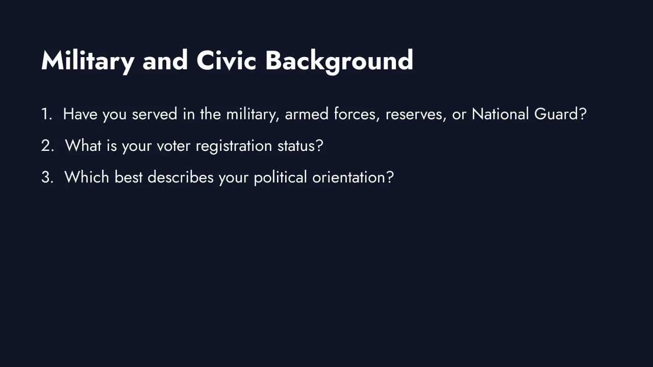 Military and civic background demographic questions
